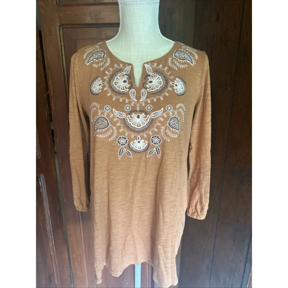 Womens J. Jill Tunic Top SHIRT Embroidered Size XS Cotton Modal - Orange EUC